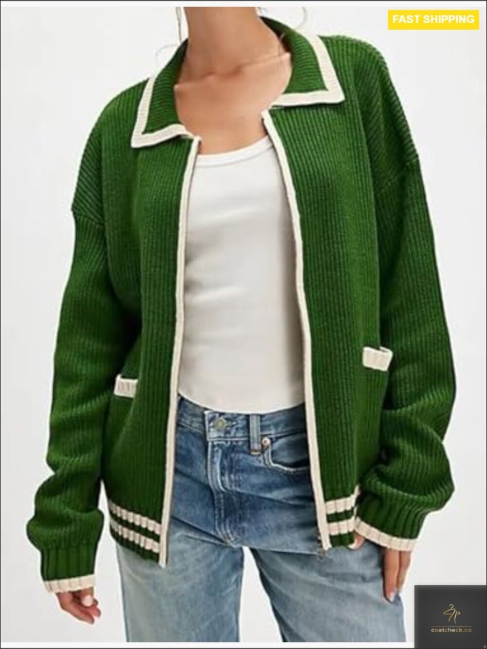 Oversized Zip Up Cardigan Sweater Women Casual Knit Outerwear Contrast Trim - Picture 3 of 7
